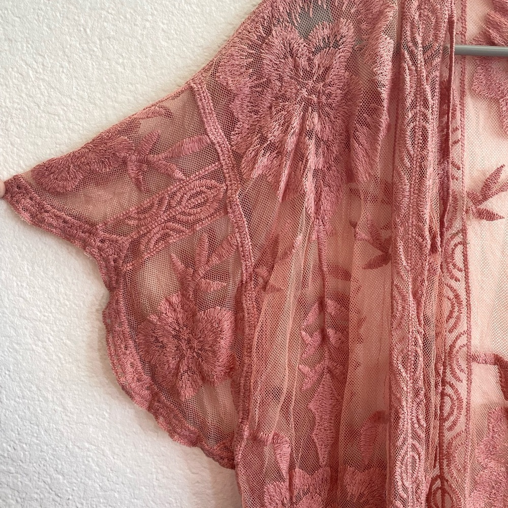 Dusty Pink Sheer Embroidered Kimono